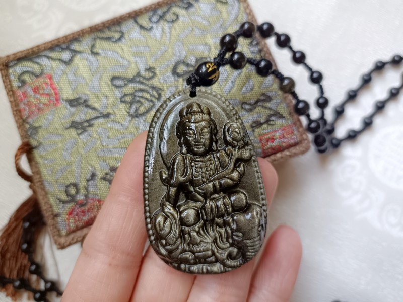 Natural Golden Obsidian Buddhist Guardian Amulet Necklace for Dragon, Snake 2024